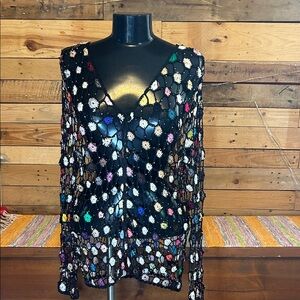 Crochet knit cardigan, colorful, no size tag, measurements in description, GUC